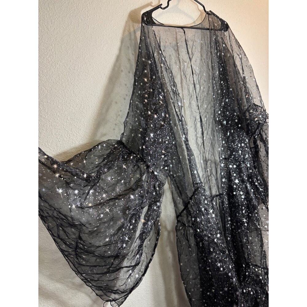 Galaxy Star Sheer Black Kimono Duster Robe Maxi Bell Sleeve Halloween OS - Picture 2 of 4